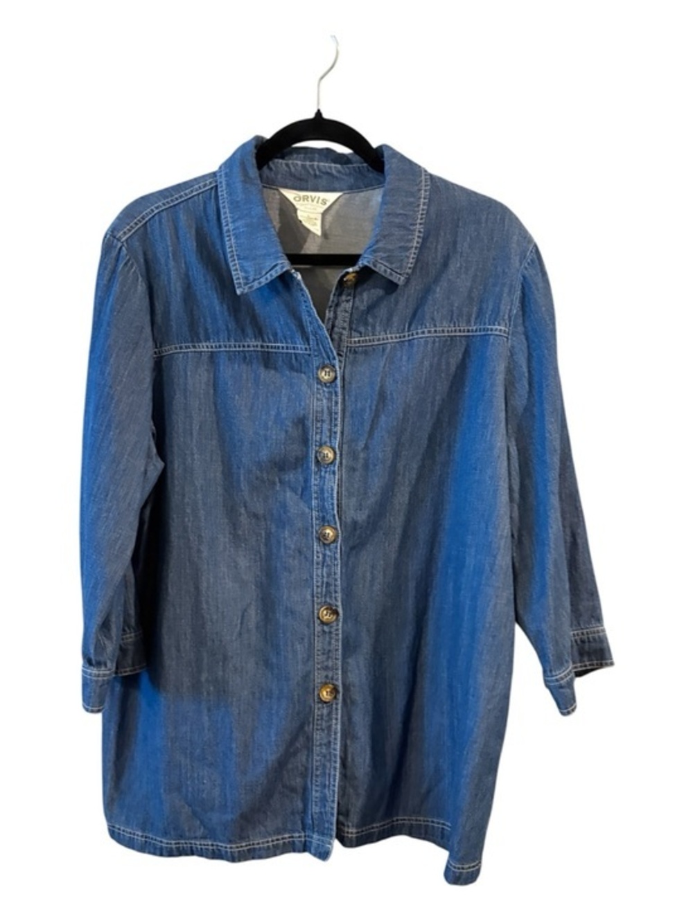 Orvis Chambray Denim Button Front Shirt Jacket Top Size Large Coastal Classic
